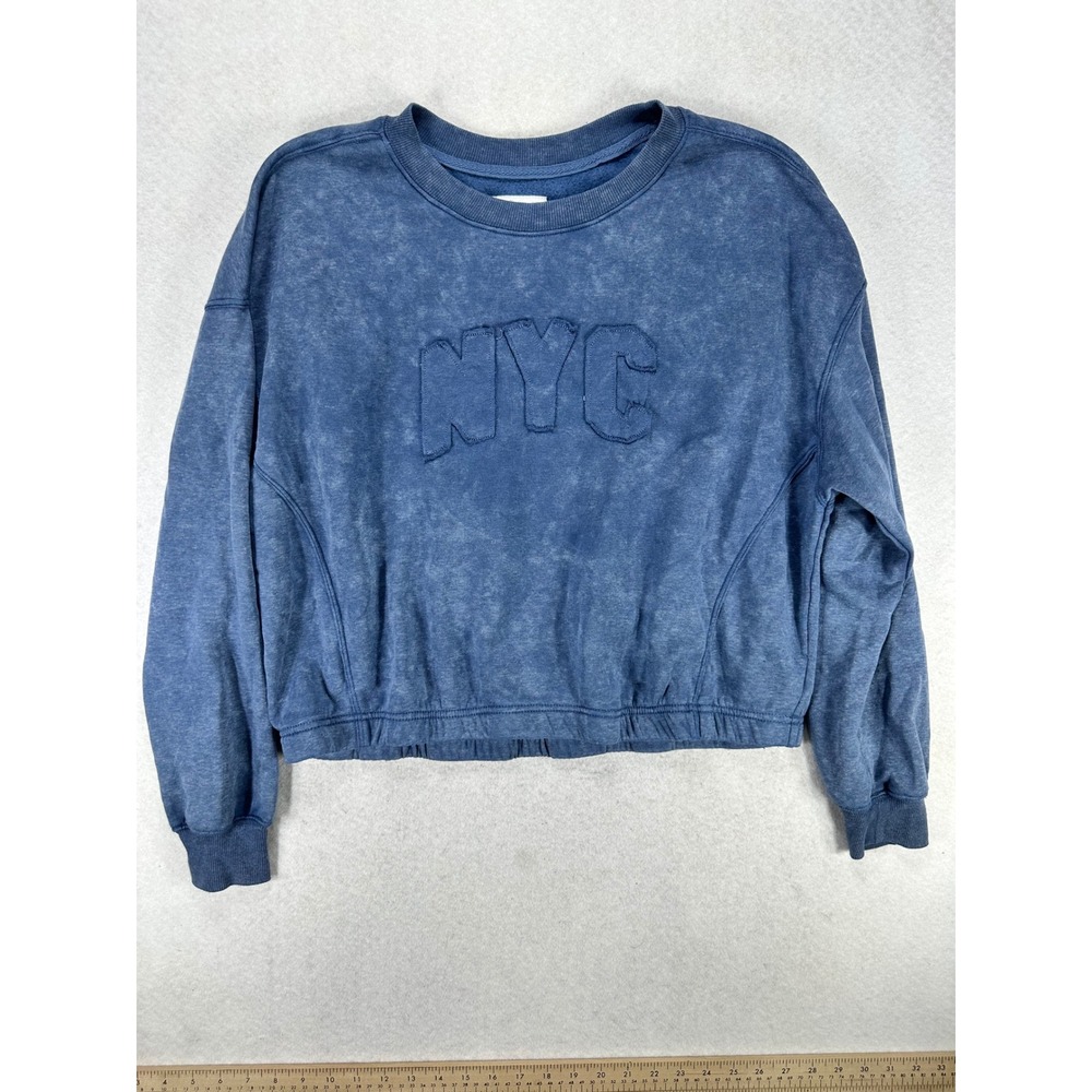 No Comment NYC Acid Wash Cropped Sweatshirt Blue XL Pullover Crew Neck Fleece